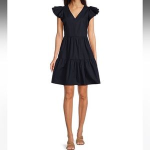 Gibson Latimer V-Neck Ruffle Cap Sleeve Tiered Poplin Dress - Navy - Size Medium
